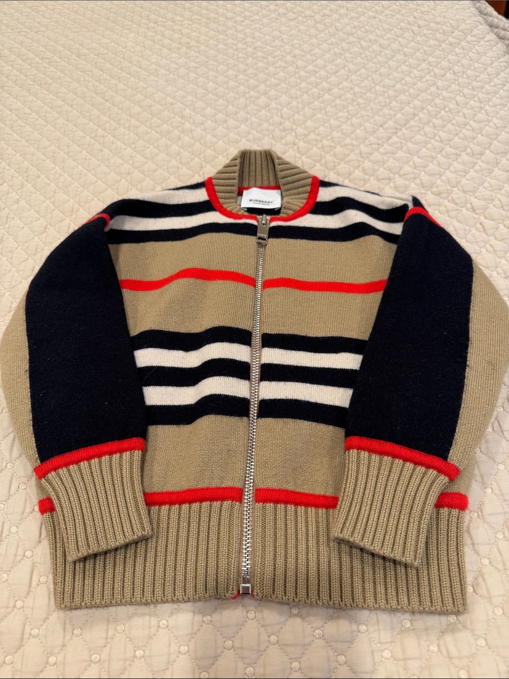 Burberry Khaki, Navy, White & Red Striped Kids Zip Cardigan